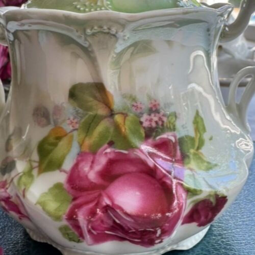 Antique Hand Painted Rose Porcelain Covered Sugar Bowl Art Nouveau Footed - Picture 2 of 16